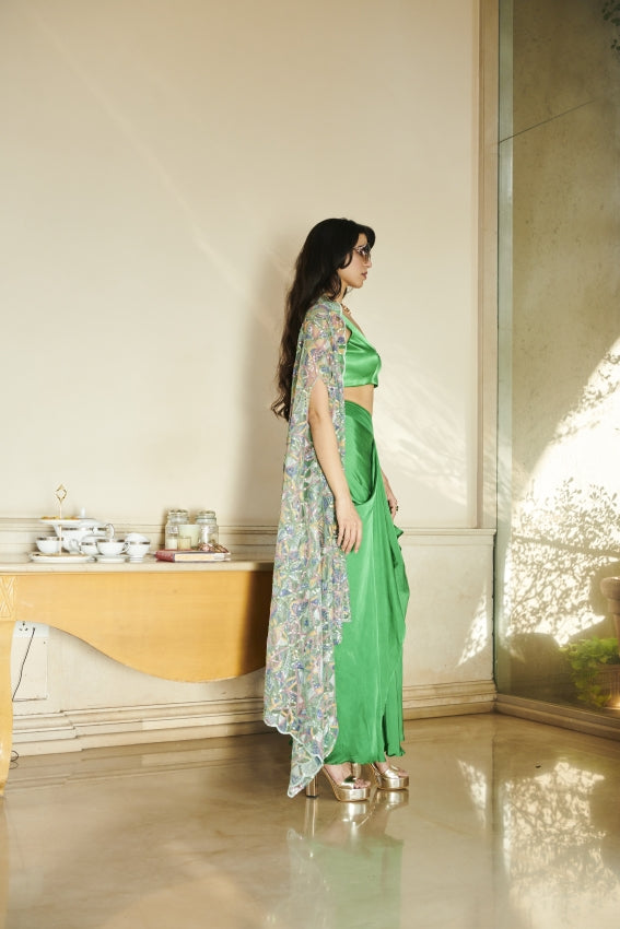 Green Cut Work Cape, Bralette & Sarong – Resort Luxe Meets Indian Artistry image 2