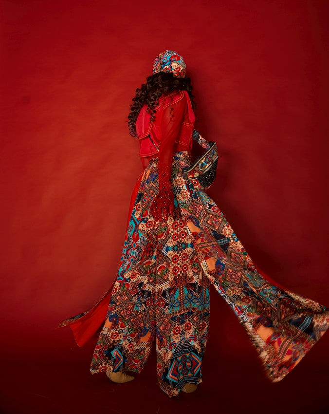 Red Bodysuit with Layered Shirt & Panelled Floral Pants image 1