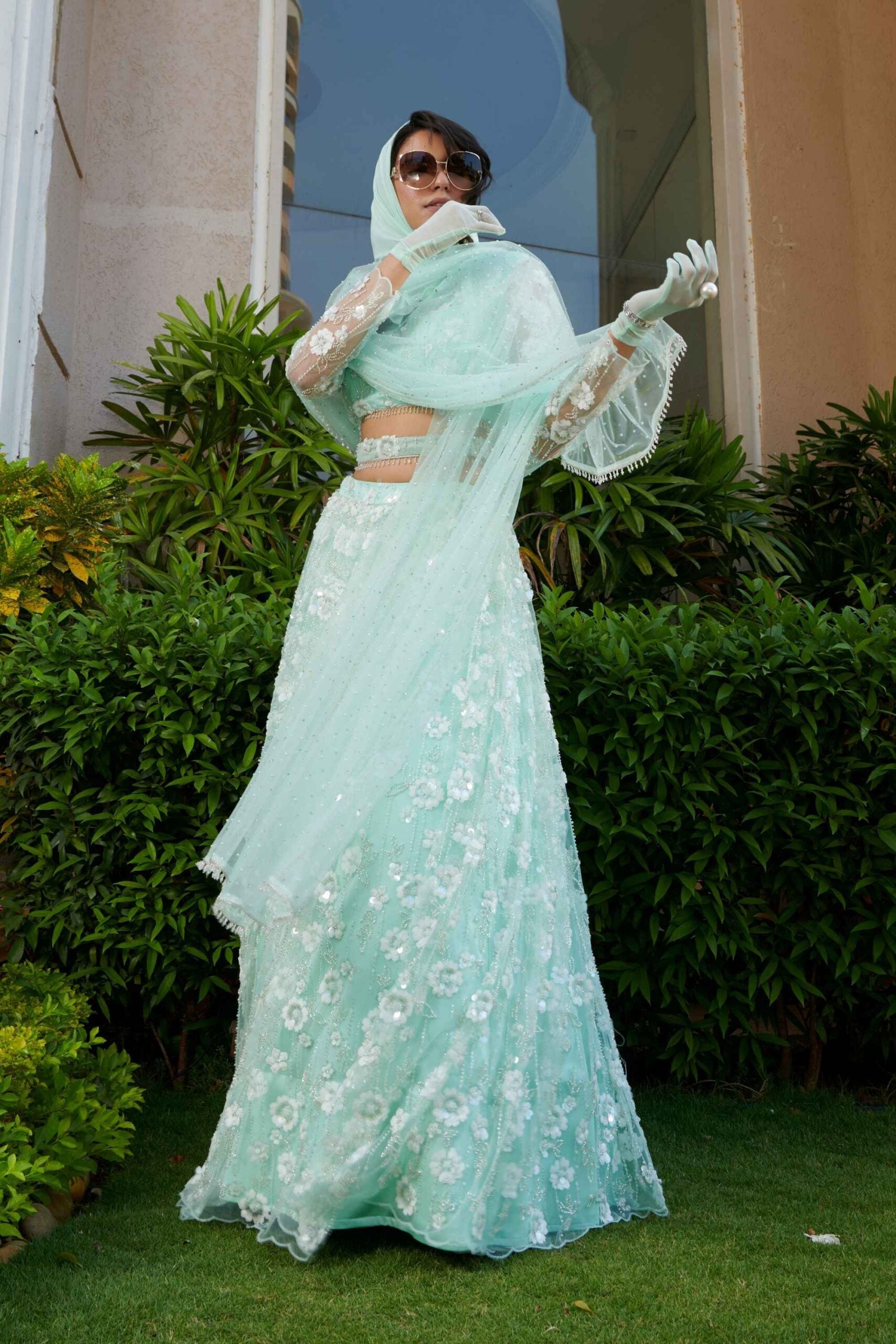 Mint Embroidered Blouse, Lehenga & Skirt Set image 1