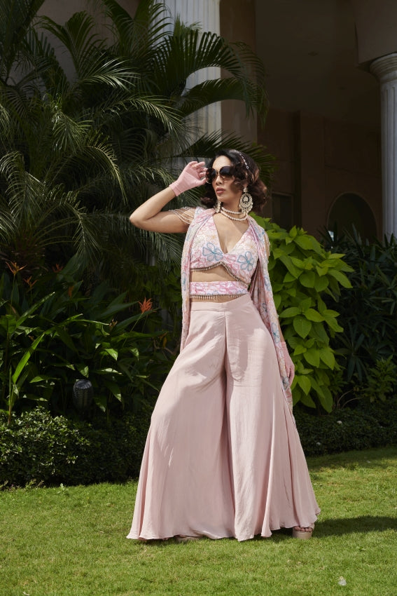 Pink Embroidered Flower Blouse with Georgette Pants & Side Cape image 0