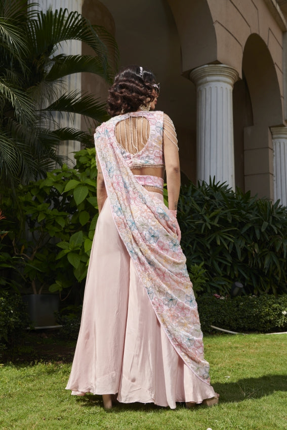 Pink Embroidered Flower Blouse with Georgette Pants & Side Cape image 1