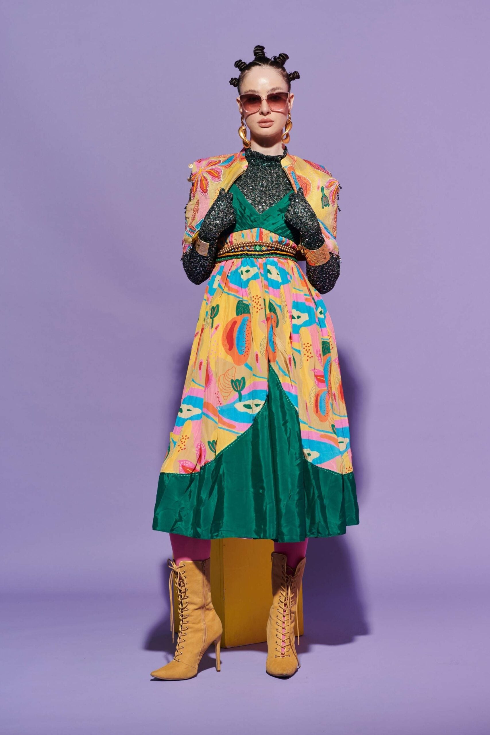 Croissant Print Dress, Quilted Jacket & Sequin Glove Top Set image 0