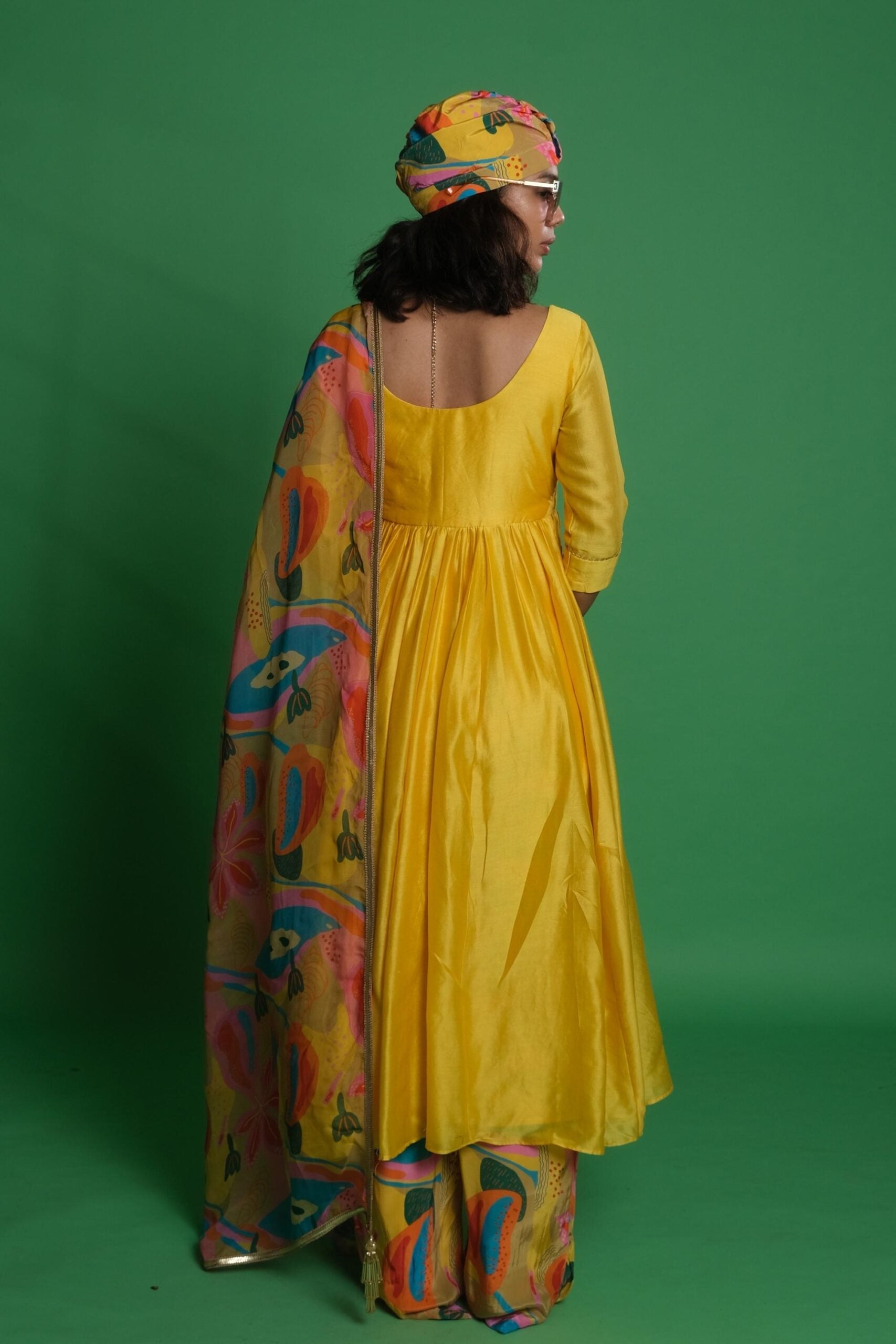 Yellow Embroidered Anarkali with Croissant Print Dupatta & Palazzo image 2