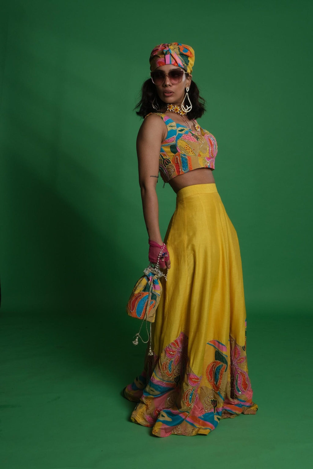 Yellow Lehenga Set with Croissant Embroidered Blouse & Potli image 1
