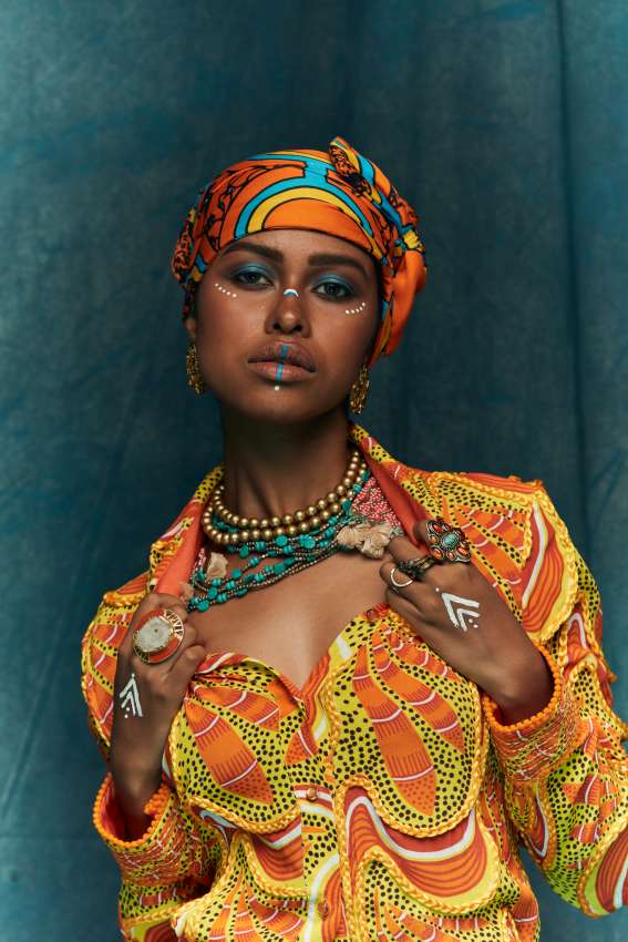 Orange print shirt with braids image 0