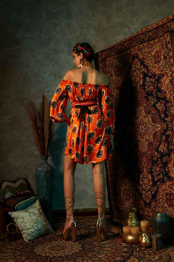 Orange Blotch Off-Shoulder Short Dress image 2