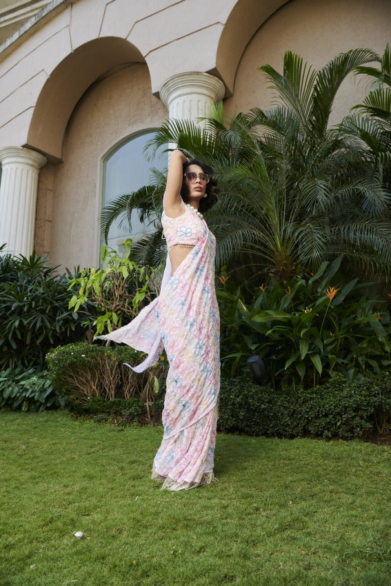 Pink Embroidered Flower Saree & Blouse – A Romantic Bloom in Motion image 2