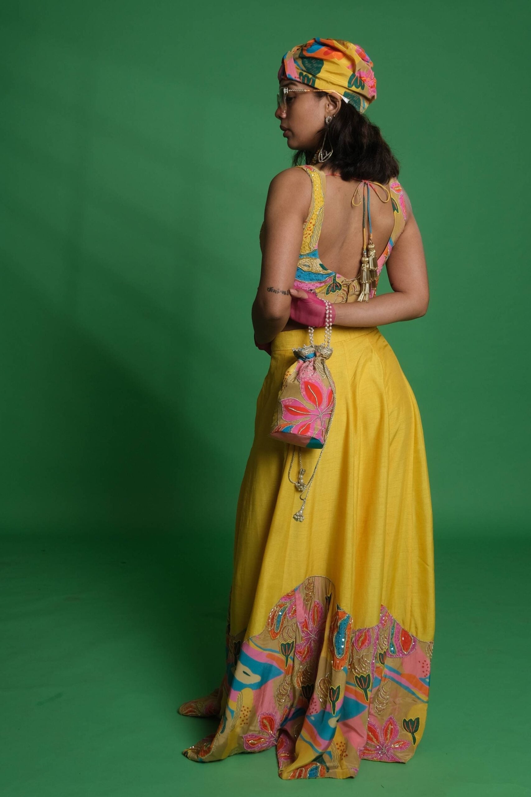 Yellow Lehenga Set with Croissant Embroidered Blouse & Potli image 2