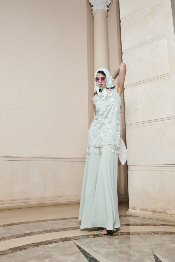 Mint Embroidered Net Dress & Georgette Pant image 0