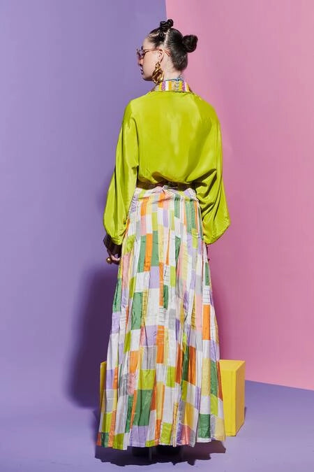 Square Print Pleated Long Skirt + Neon Embroidered Shirt Set image 3