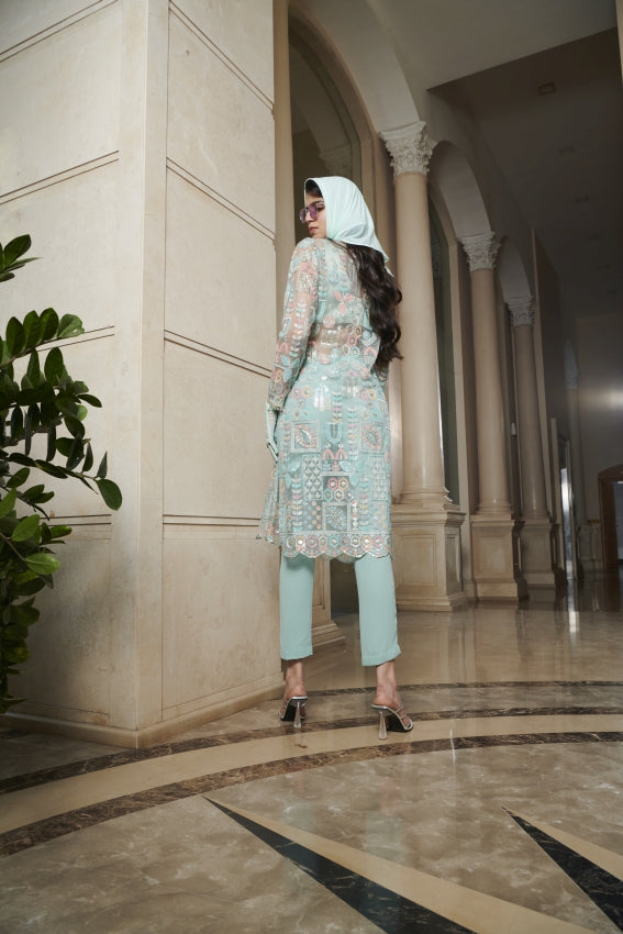 Blue Motif Kurta, Bralette & Pant Set – Understated Glamour Meets Modern Structure image 1