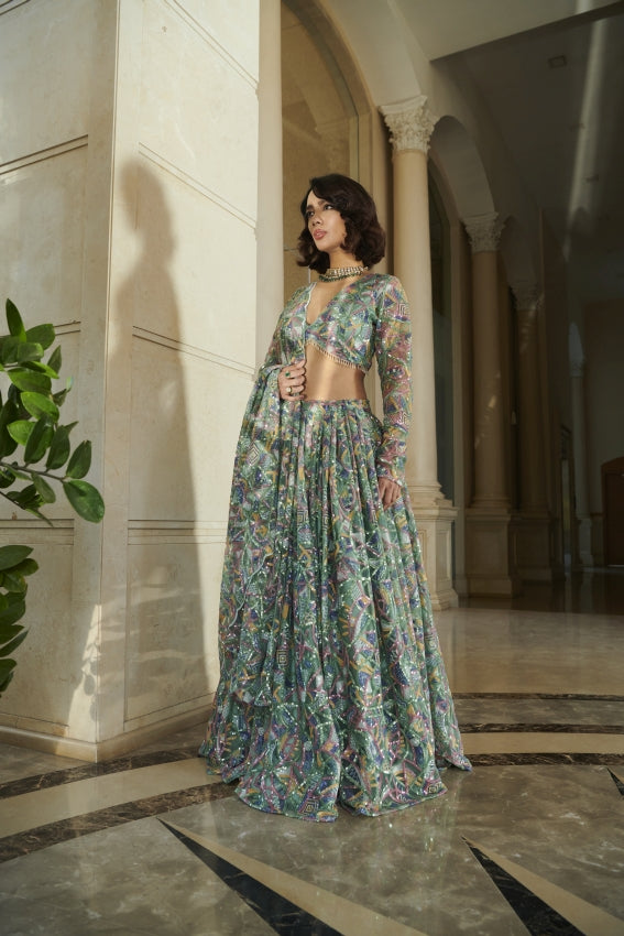 Green Cut Work Lehenga Set – Bold Craftsmanship in Regal Hues image 0