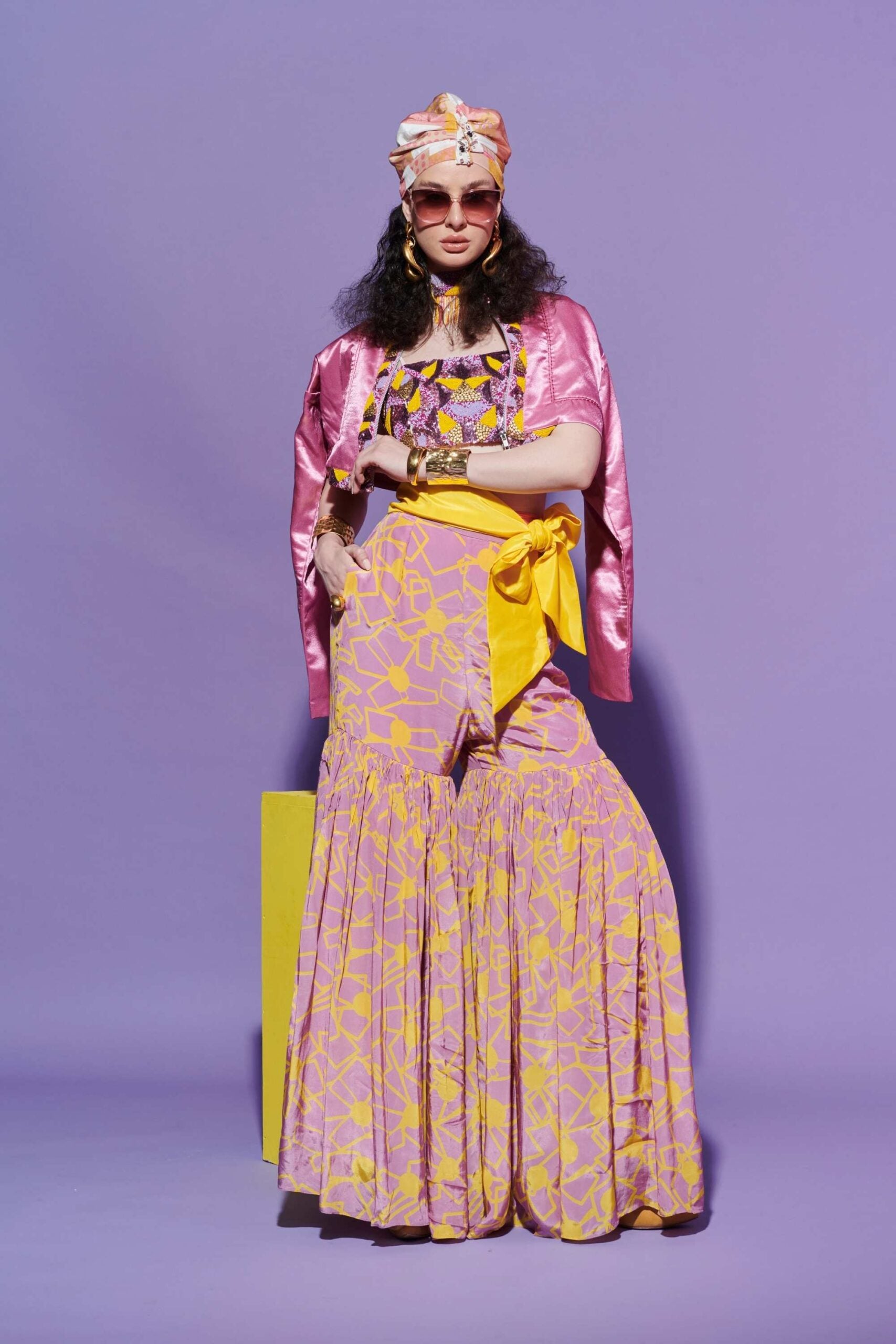 Fan Print Asymmetric Turtleneck Shirt & Sharara Pants Set image 0