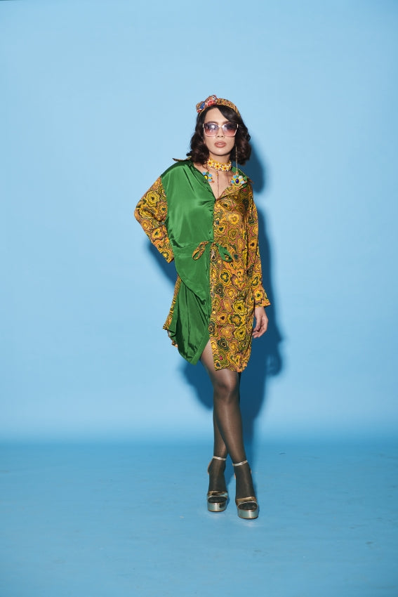 Color Blocked Knot Dress with Pinwheel Print image 0