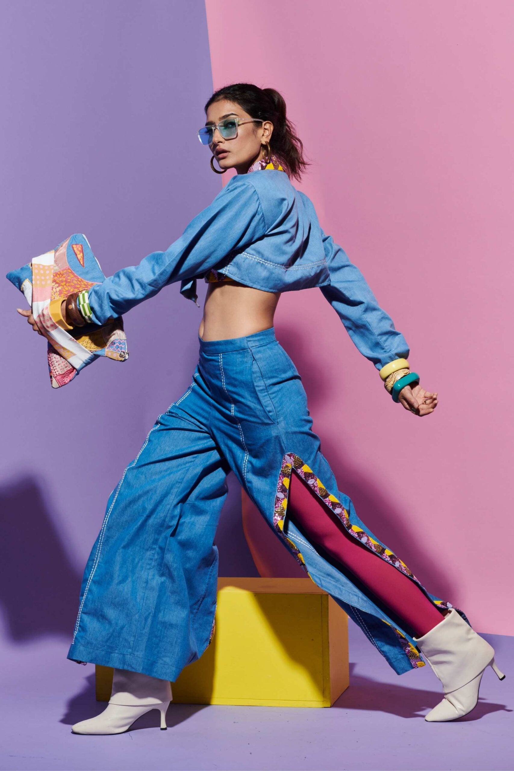 Embroidered Denim Jacket, Pants & Tube Bralette Set image 1