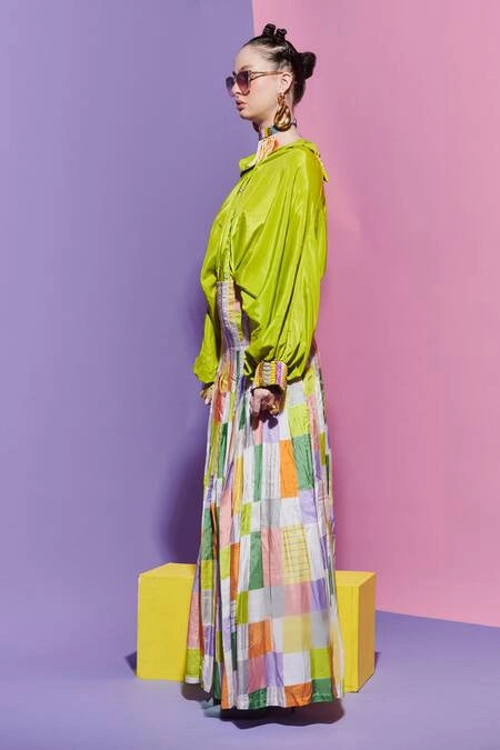 Square Print Pleated Long Skirt + Neon Embroidered Shirt Set image 1