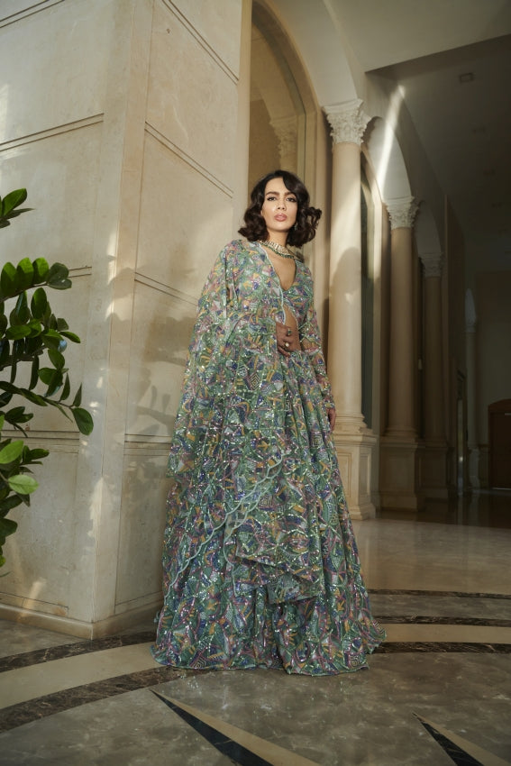 Green Cut Work Lehenga Set – Bold Craftsmanship in Regal Hues image 1