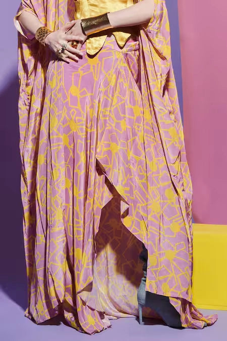 Mustard Corset, Fan Print Sarong Skirt & Cape Set image 1