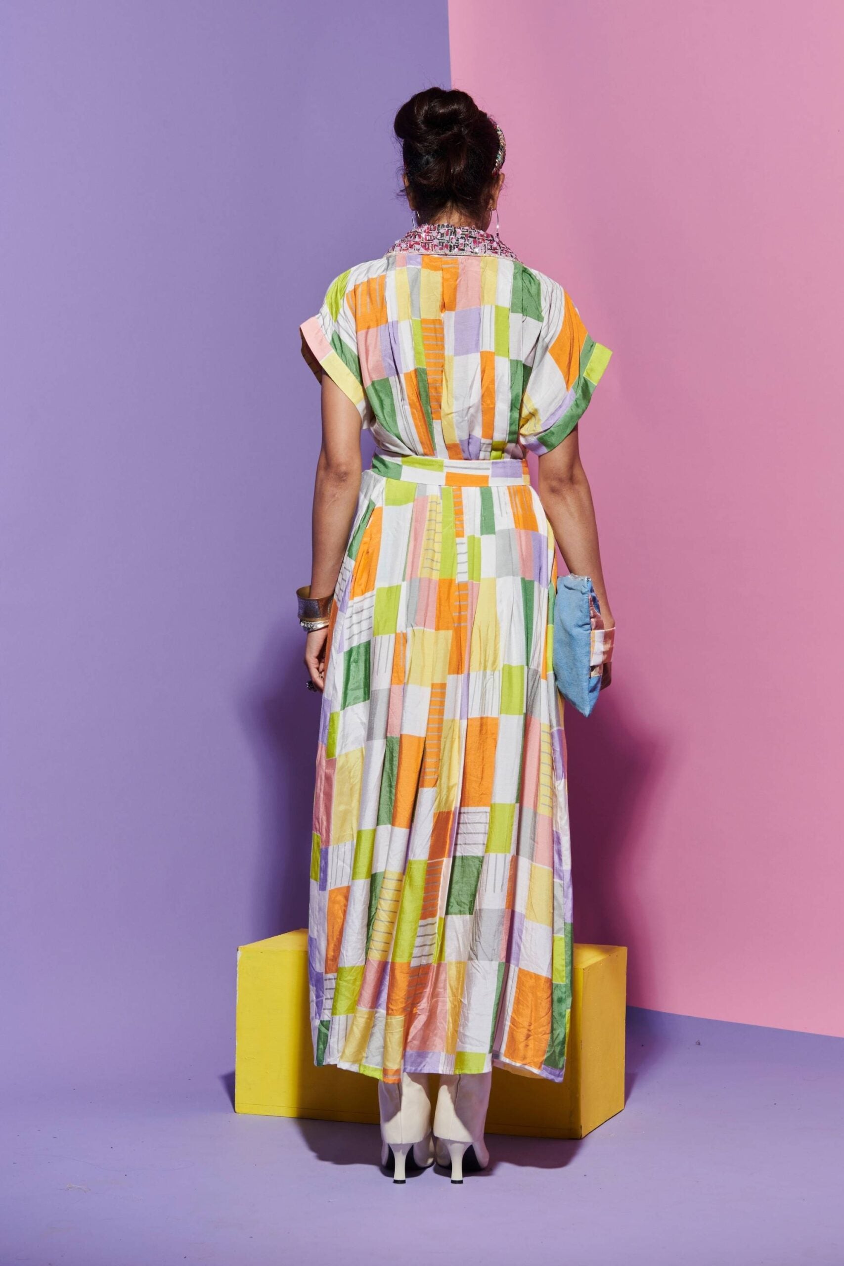 Pleated Dress in Square Print with Belt and Embroidered Collar image 2