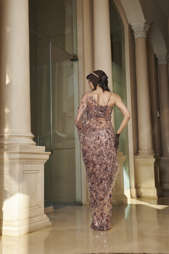 Brown Net Saree & Blouse – Sheer Grace in Earthy Tones image 1