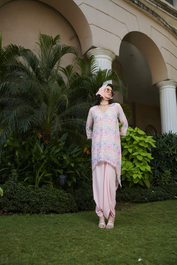 Pink Embroidered Flower Kurta & Dhoti Set – Modern Elegance in Bloom image 0