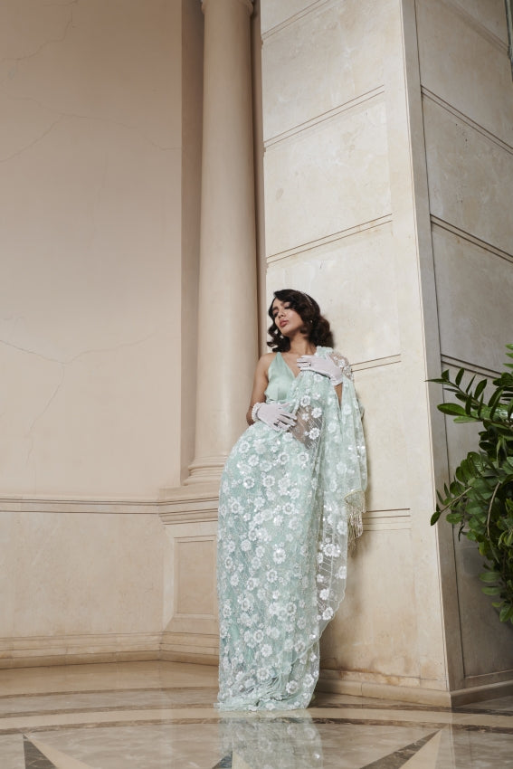 Mint Embroidered Saree And Blouse image 2