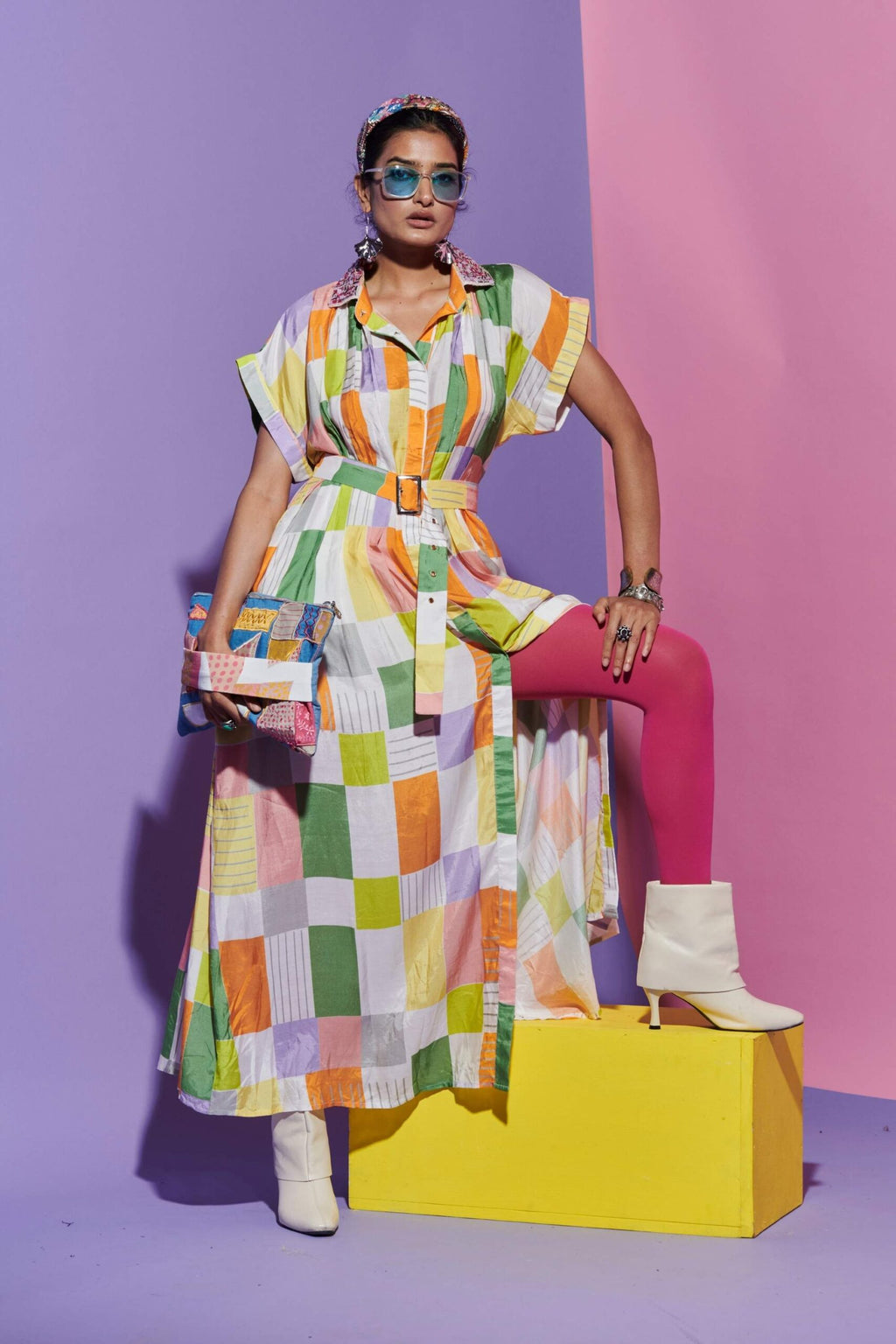 Pleated Dress in Square Print with Belt and Embroidered Collar image 1