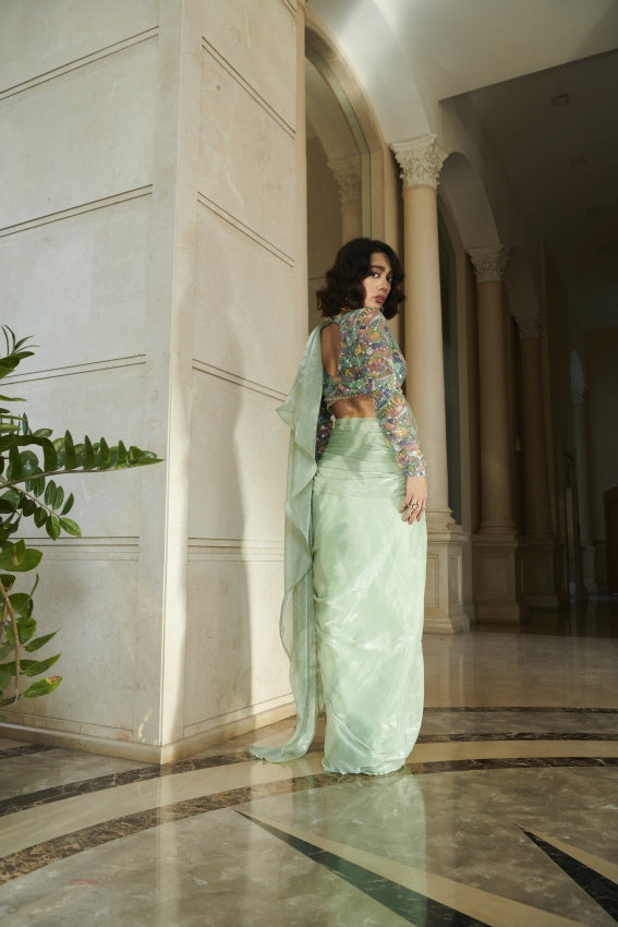 Mint Pre-Draped Saree & Blouse – Effortless Draping with Contemporary Grace image 1
