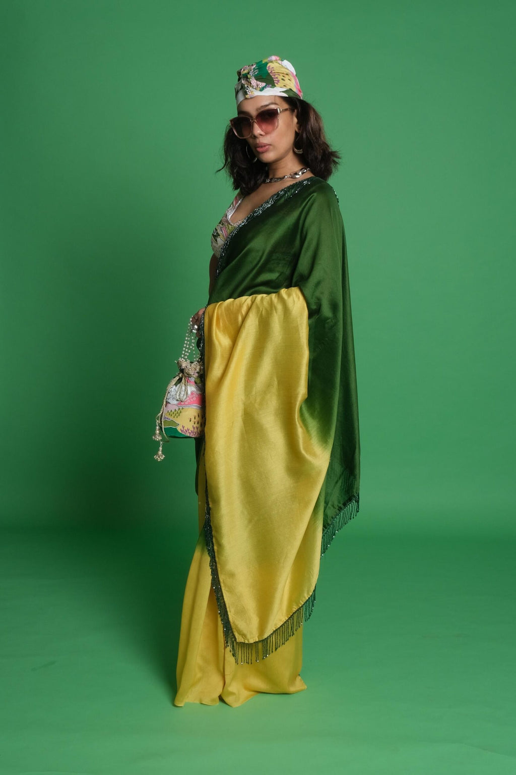 Ombre Saree with Scenery Embroidered Blouse & Matching Potli Bag image 0