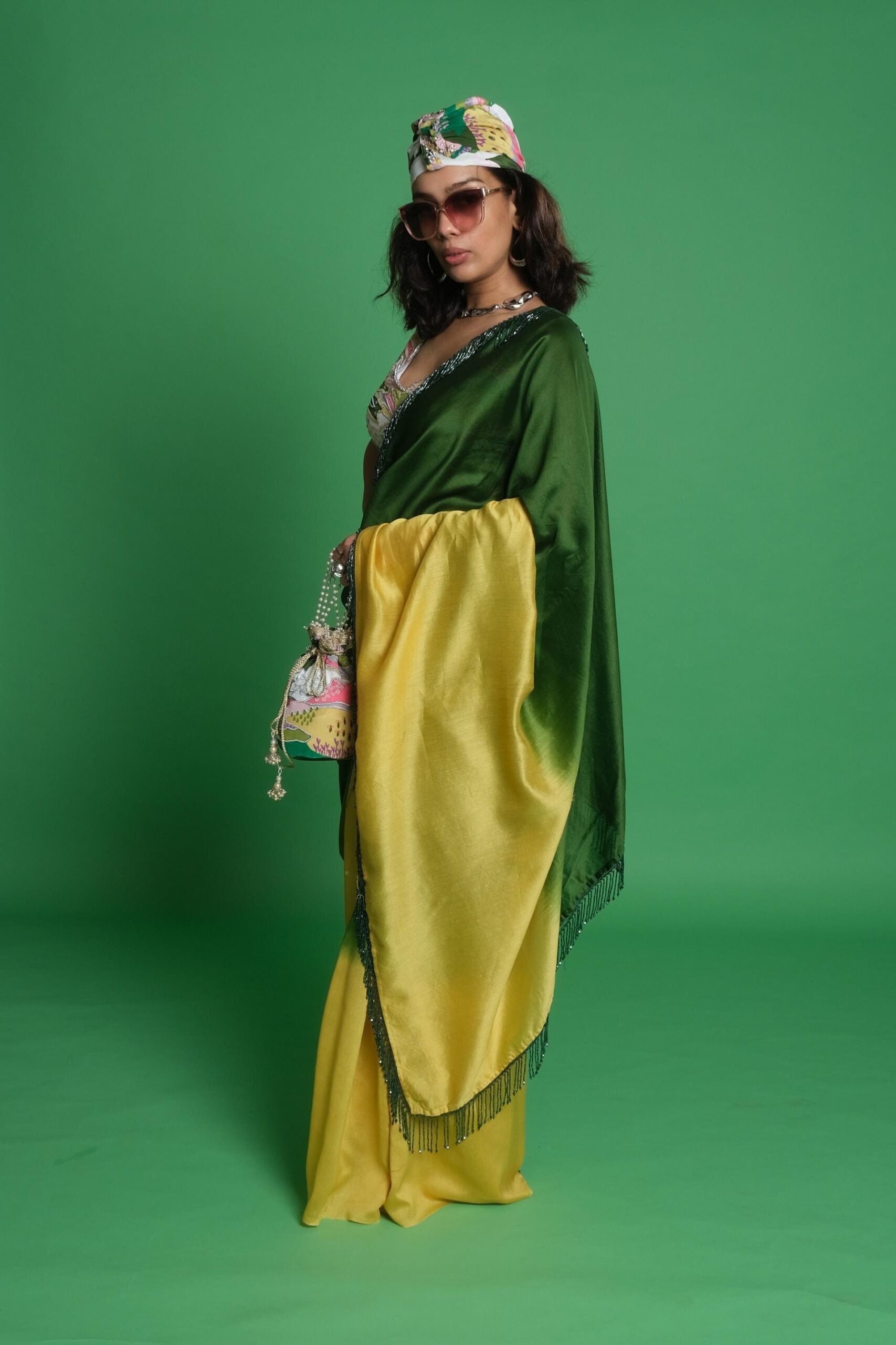Ombre Saree with Scenery Embroidered Blouse & Matching Potli Bag image 0
