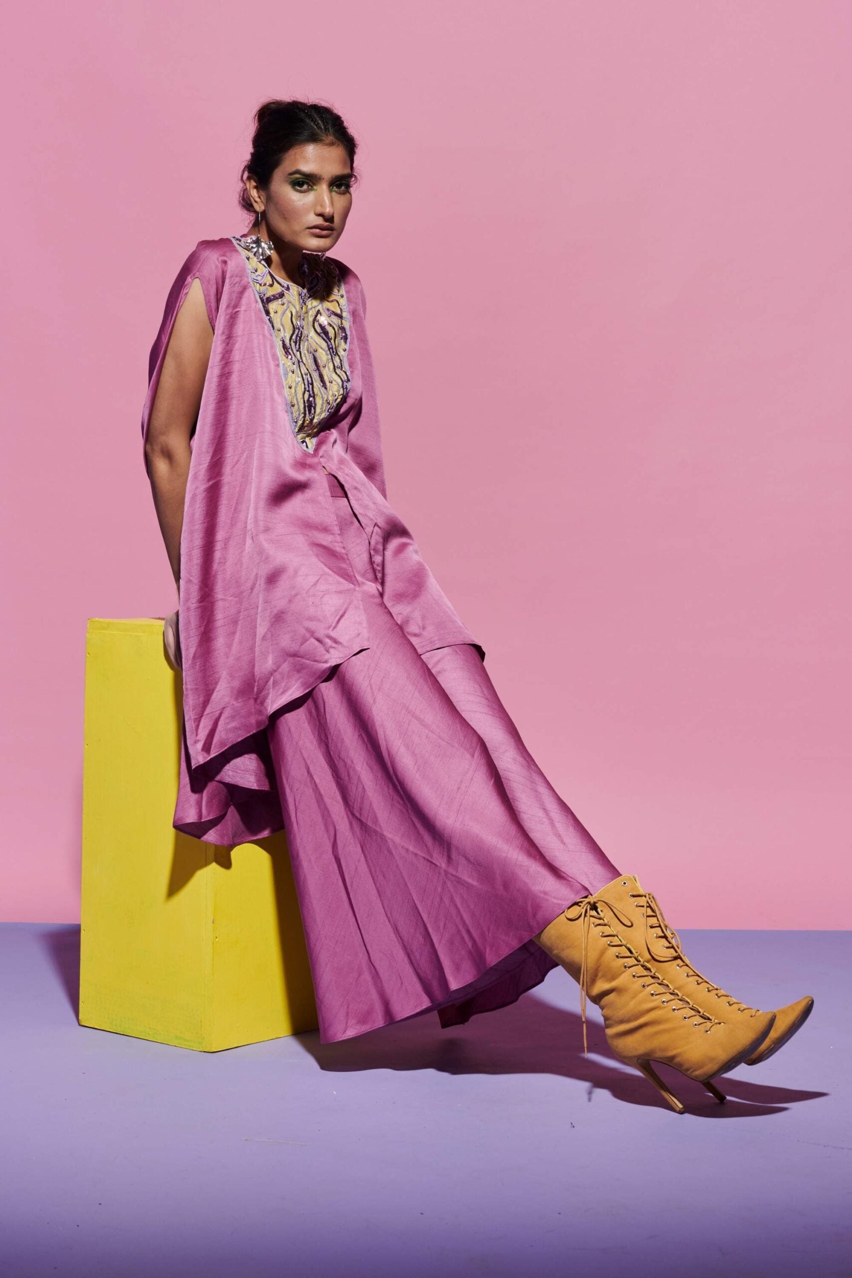 Lavender Kurta Set with Embroidered Yoke in Amoeba Print + Palazzo Pants image 1