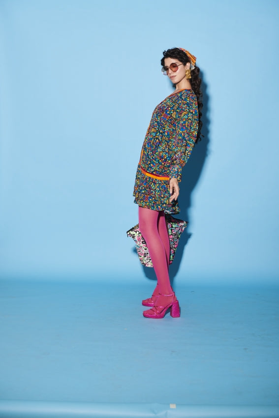 Floral Tile Print Dress with Orange Contrast Panel image 2