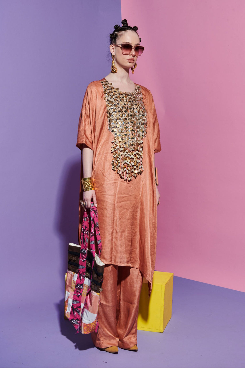 Peach Pink Kurta with Geometric Embroidered Yoke + Straight Pants image 1