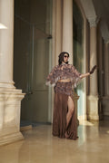 Brown Embroidered Slit Skirt, Corset & Net Cape – Sculpted Glamour in Earthy Elegance image 0