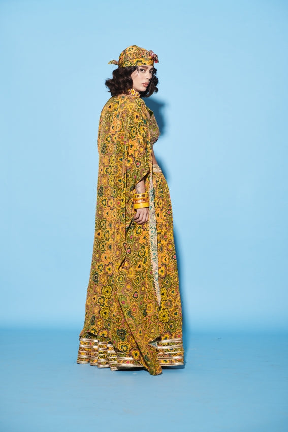 Yellow Pinwheel Lehenga with Cape and Bralette image 1