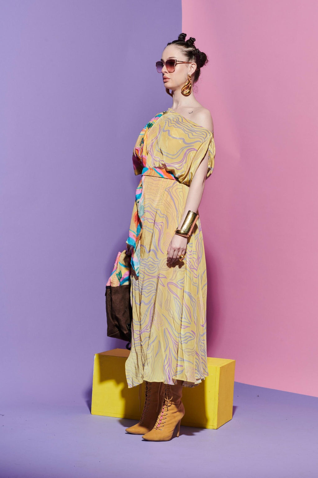 Embroidered Lapel Scarf Dress in Amoeba and Croissant Print image 1
