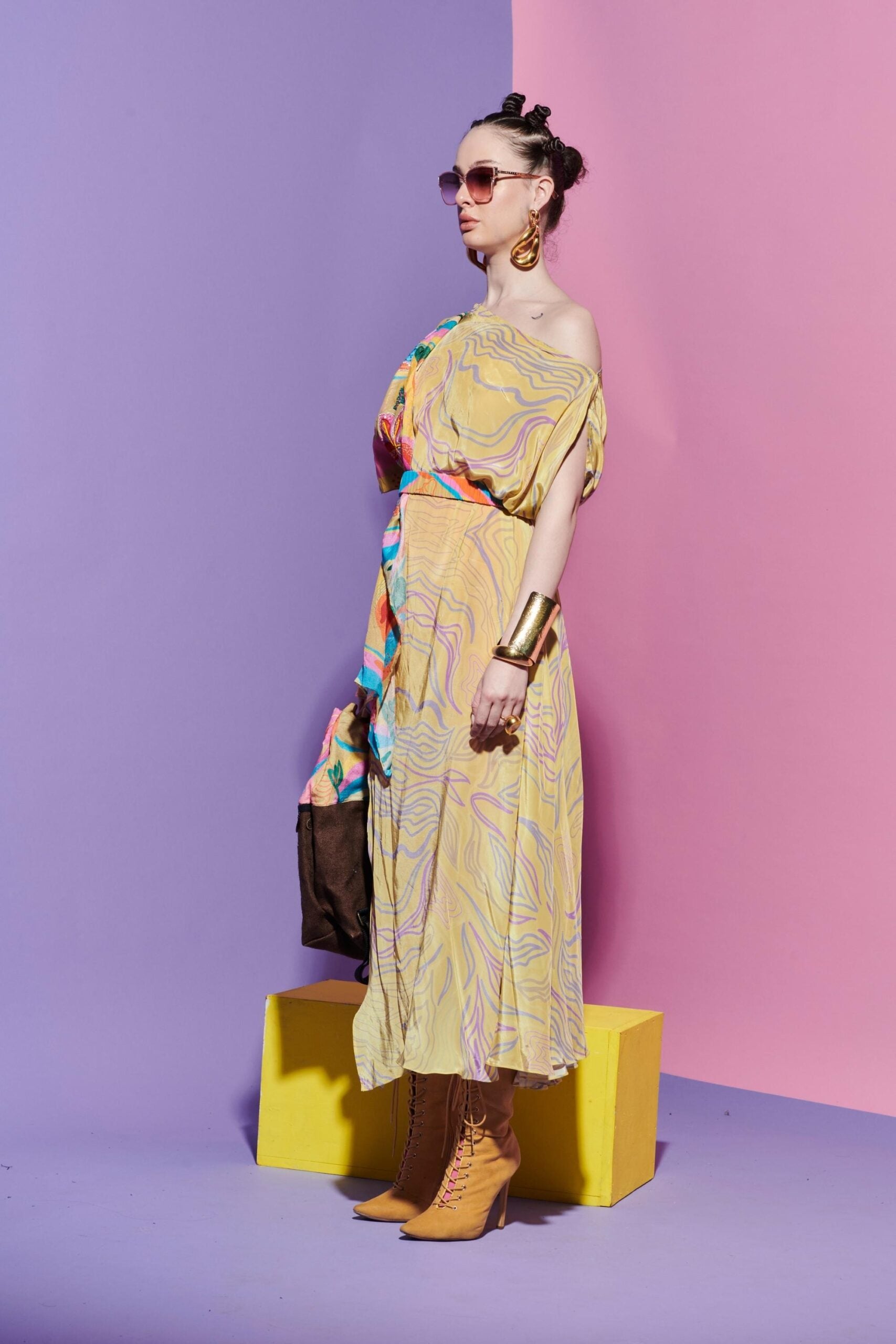 Embroidered Lapel Scarf Dress in Amoeba and Croissant Print image 1