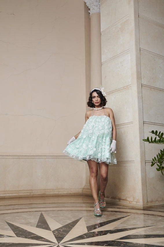 Mint Embroidered Double Layer Dress – Ethereal Movement, Modern Elegance image 2