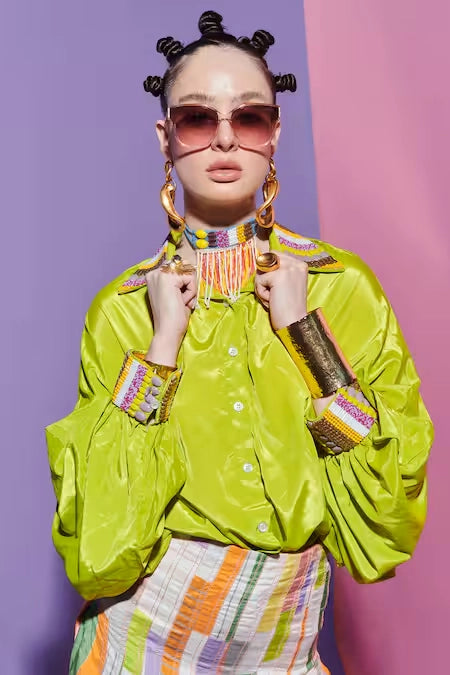 Square Print Pleated Long Skirt + Neon Embroidered Shirt Set image 2