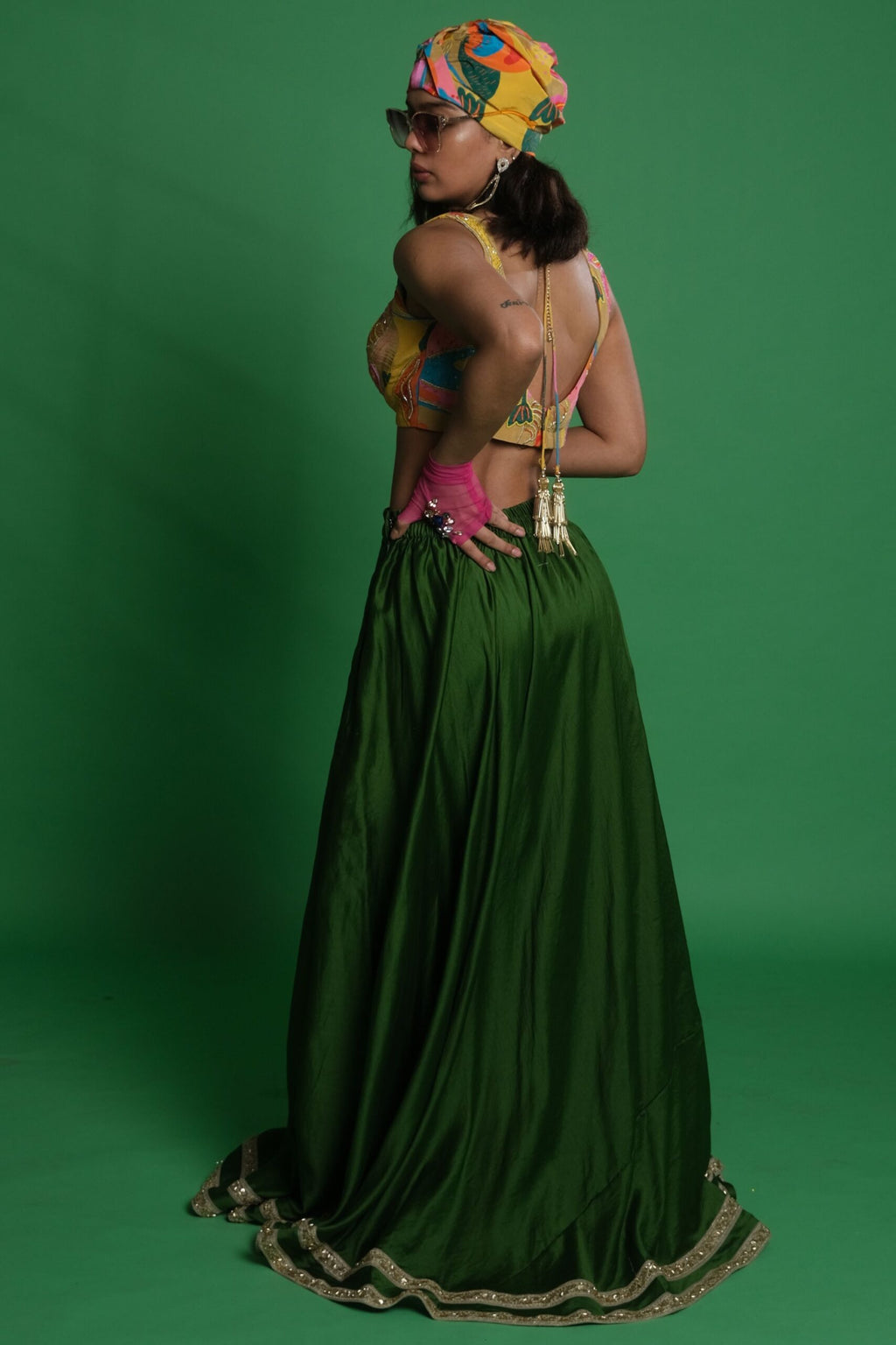 Plain Olive Green Lehenga Set with Croissant Embroidered Blouse image 2