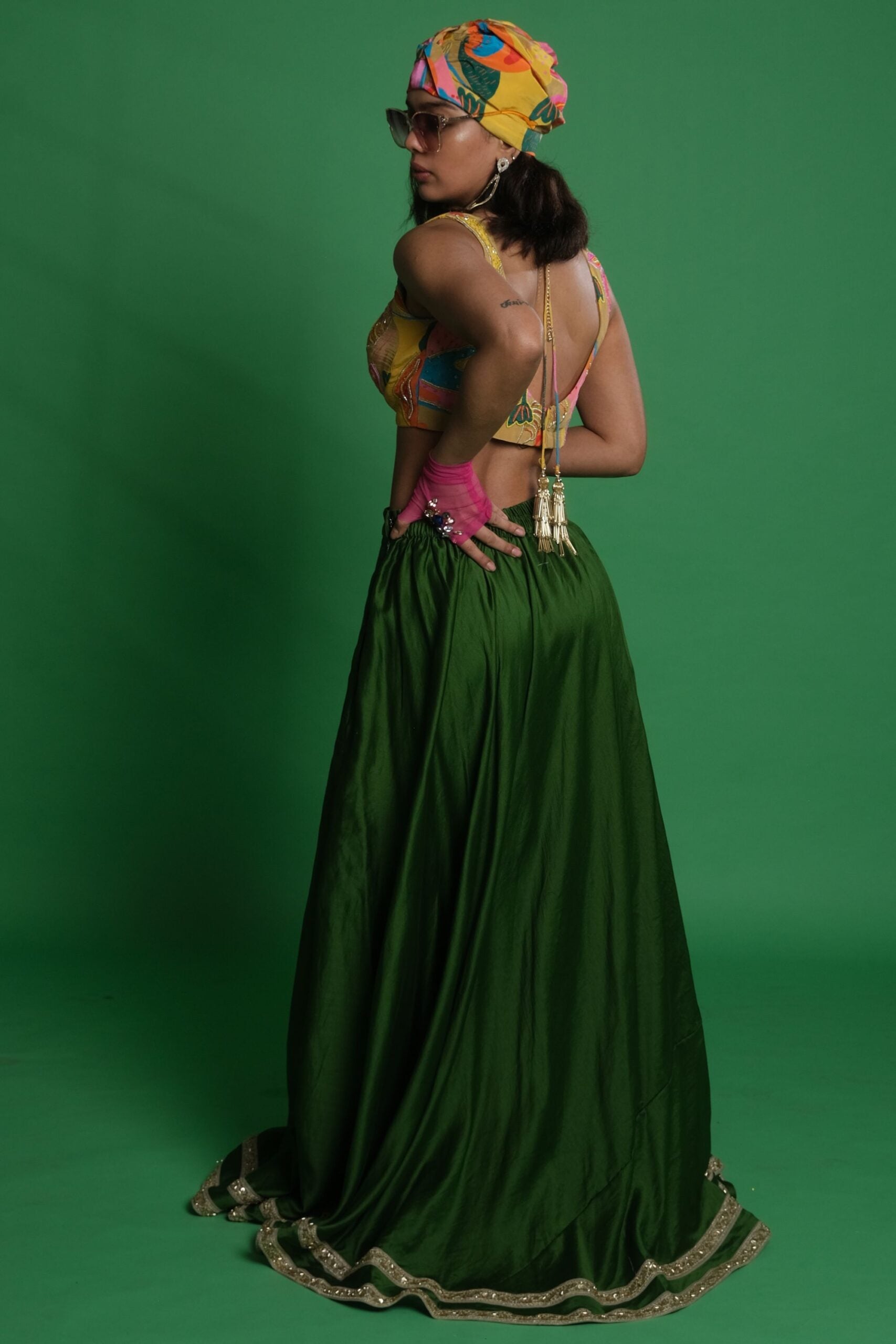 Plain Olive Green Lehenga Set with Croissant Embroidered Blouse image 2