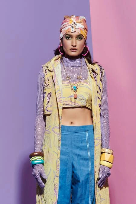 Amoeba Print Shirt & Bralette with Embroidered Denim Pants image 1