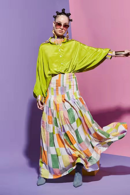 Square Print Pleated Long Skirt + Neon Embroidered Shirt Set image 0
