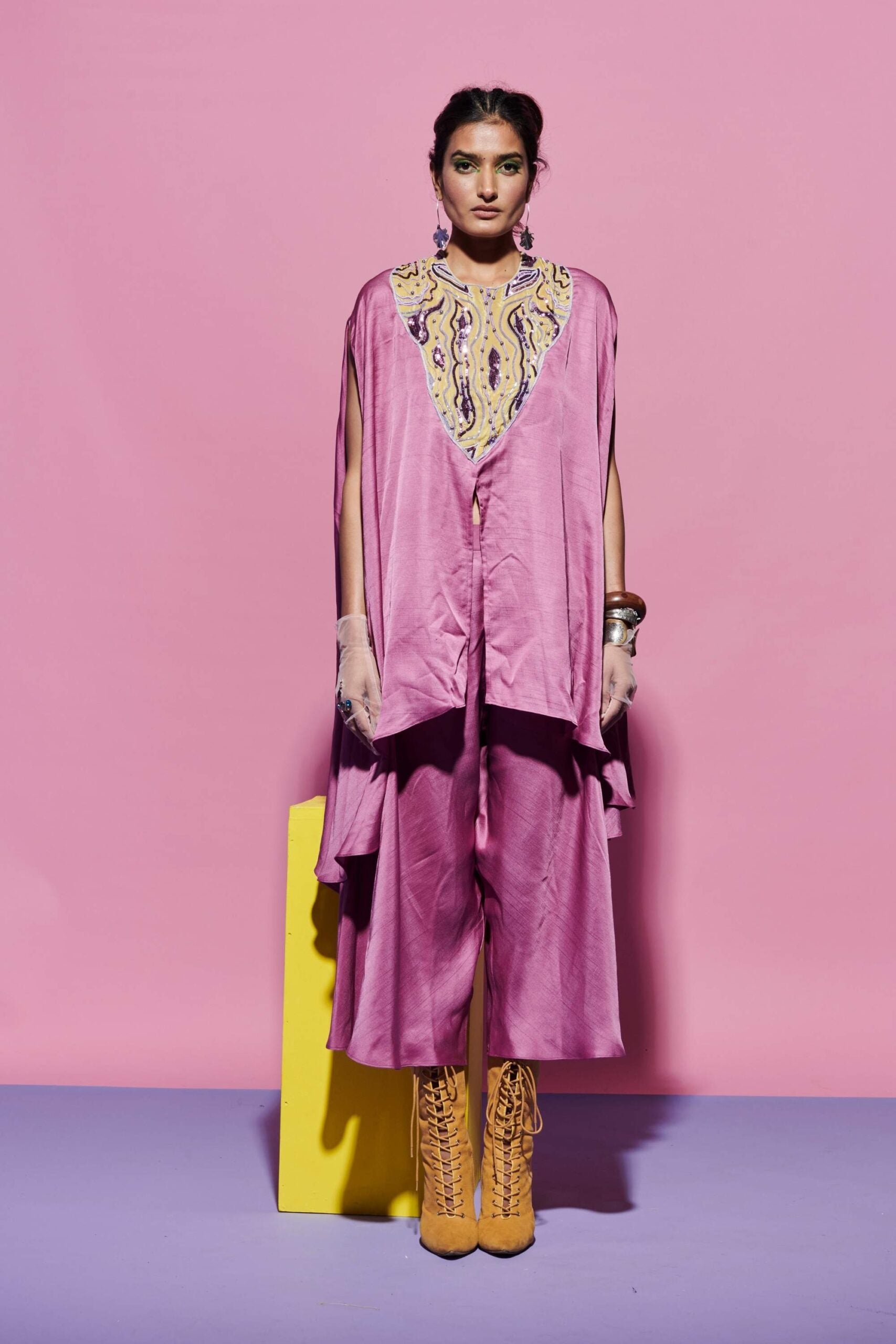 Lavender Kurta Set with Embroidered Yoke in Amoeba Print + Palazzo Pants image 0
