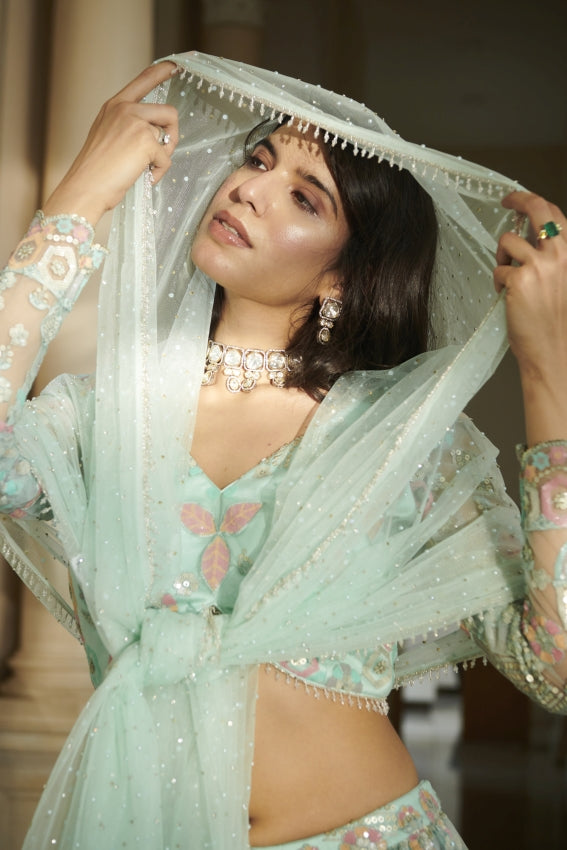 Blue Motif Lehenga, Blouse & Dupatta – Regal Craftsmanship in Motion image 0