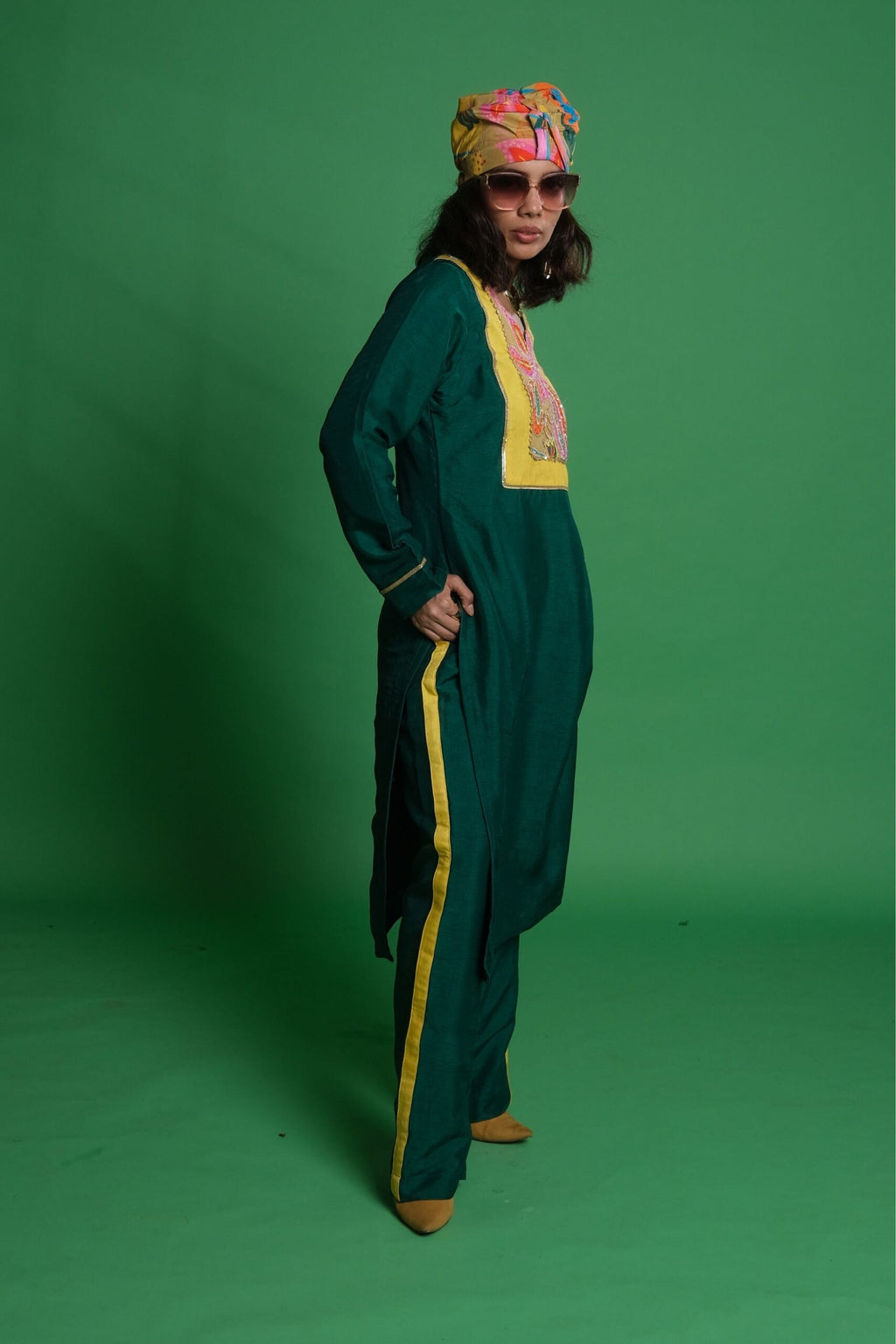 Green Croissant Print Kurta Set with Palazzo and Matching Turban image 2