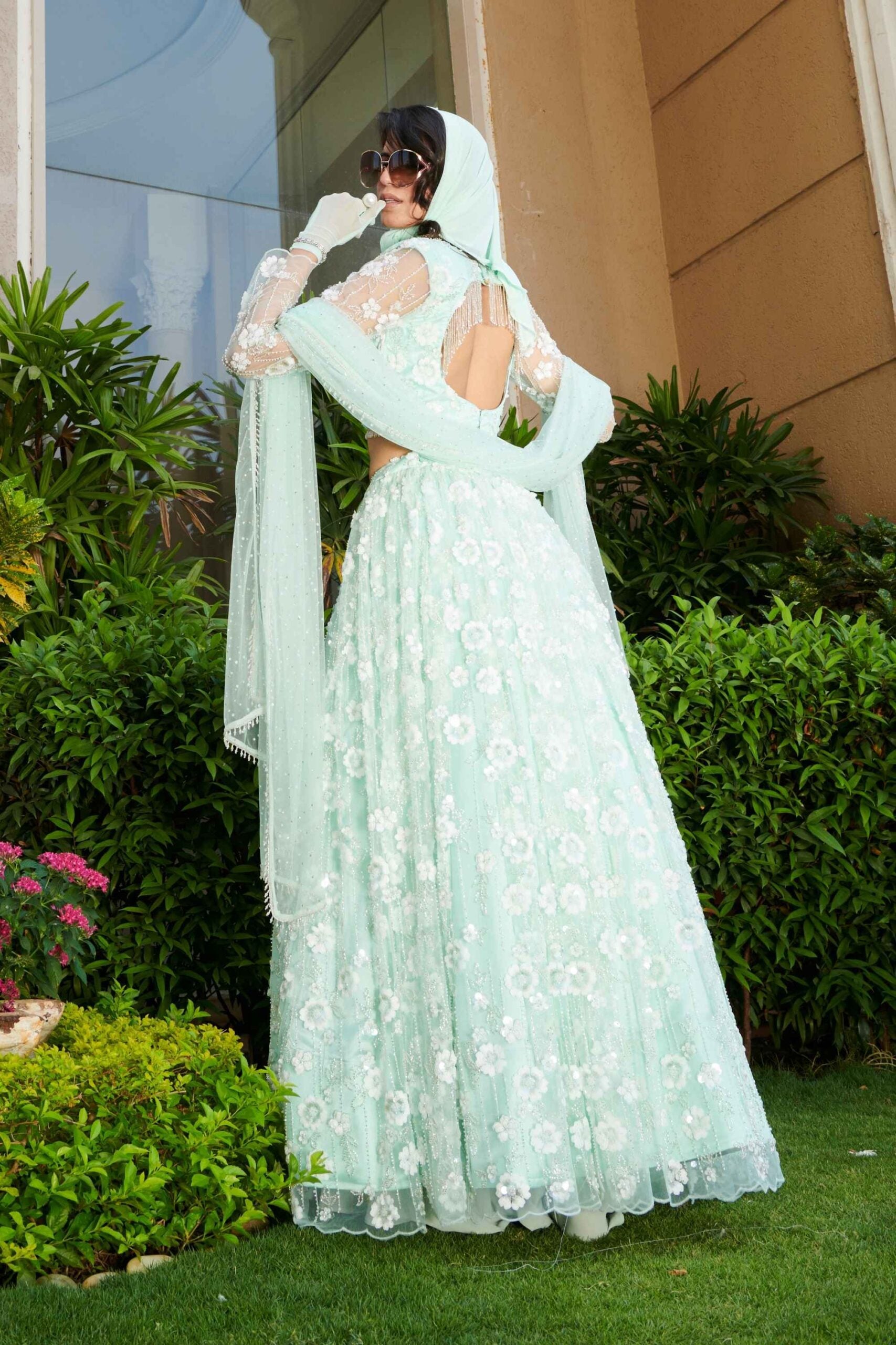 Mint Embroidered Blouse, Lehenga & Skirt Set image 2