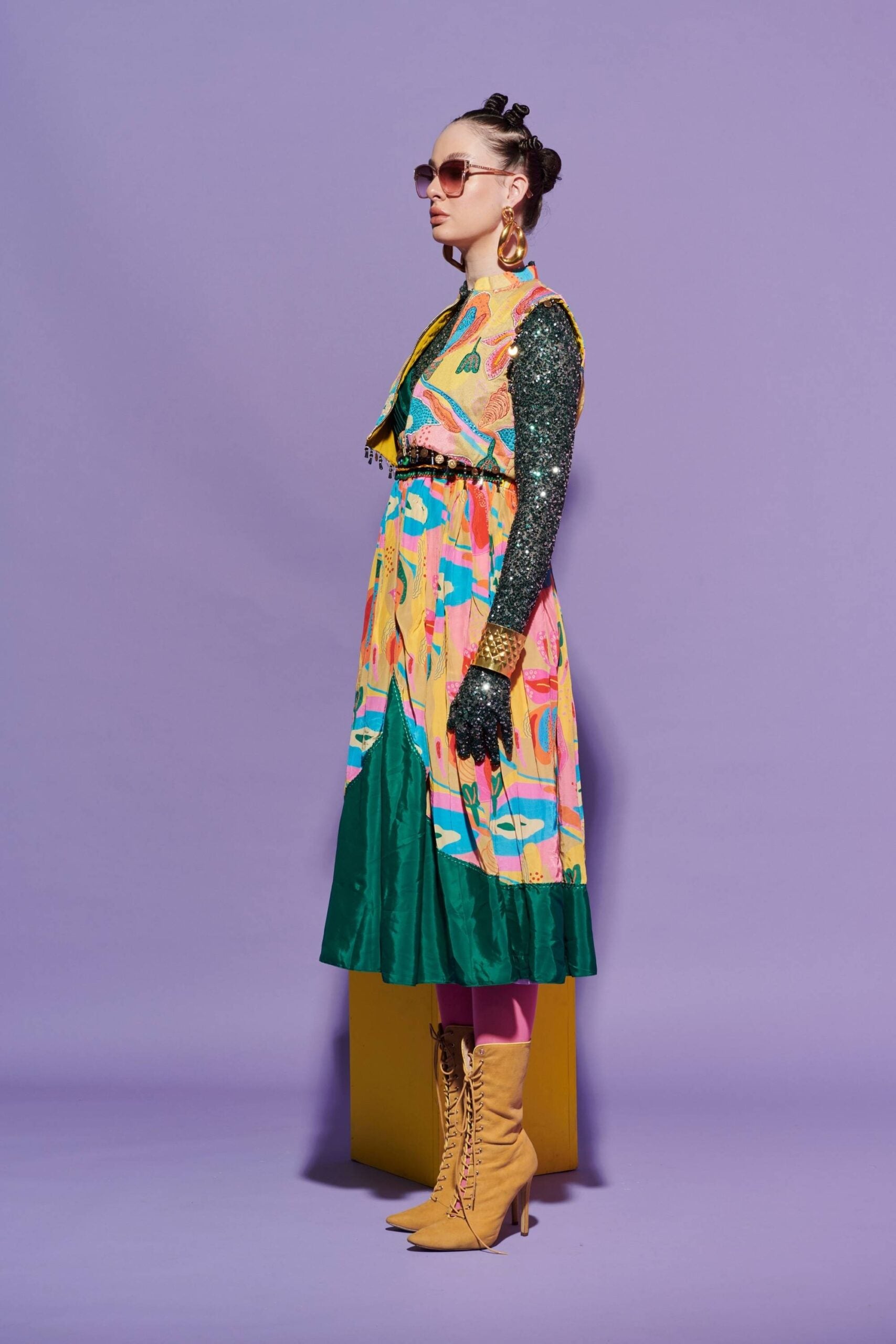 Croissant Print Dress, Quilted Jacket & Sequin Glove Top Set image 1