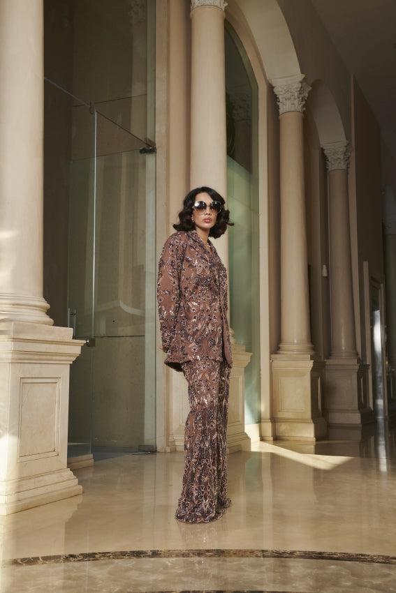 Brown Net Pant Suit – Fluid Power with a Sheer Statement image 2