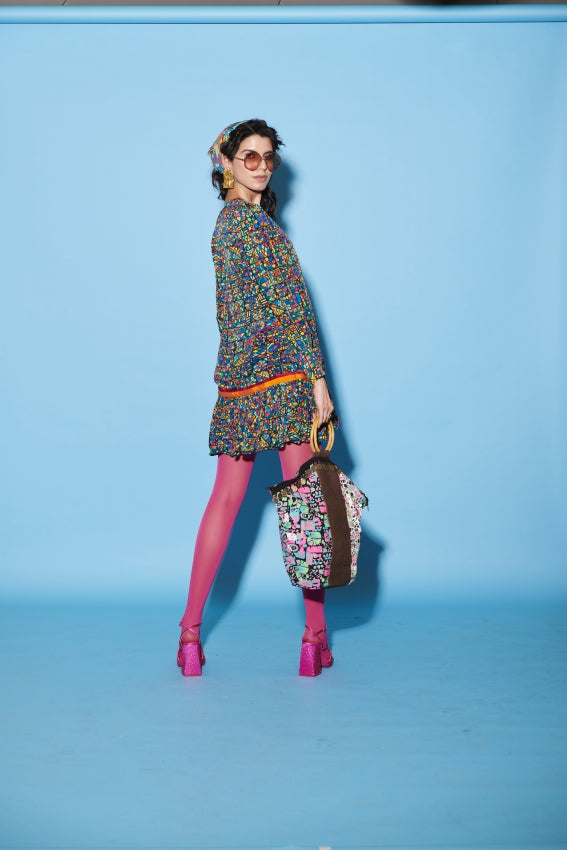 Floral Tile Print Dress with Orange Contrast Panel image 1